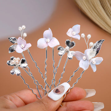 Porcelain Floral Set Of 5 Faux Pearl Lavender Poise Hair Pins Set , Ceramic Hair pins Set, Bridal Hair Accessories